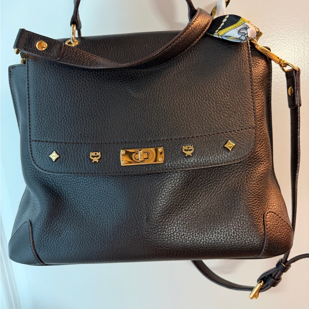 MCM Black Pebbled Leather Satchel with Gold Accents